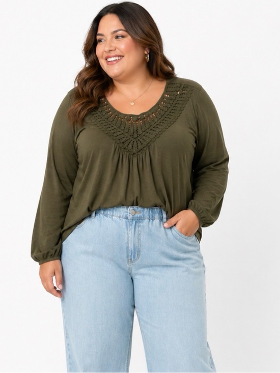 Aamilife Tops - NWT Aamilife Womens Plus size 2x, olive green, laser cut lace at neckline.